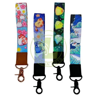 High Quality Eco-friendly Custom Logo Sublimation Printed Leather Short Keychain Lanyards with Metal Hook